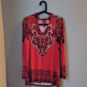 V Christina Red and Black Patterned Embellished Blouse